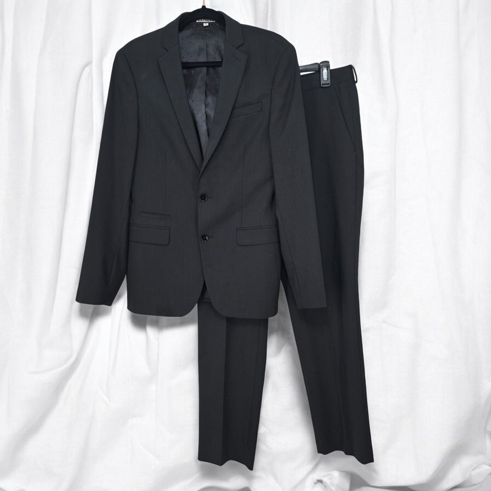 Express Photographer Suit Men 36? Flat Pants 34x31 Black Pin Striped 2Pcs Fitted